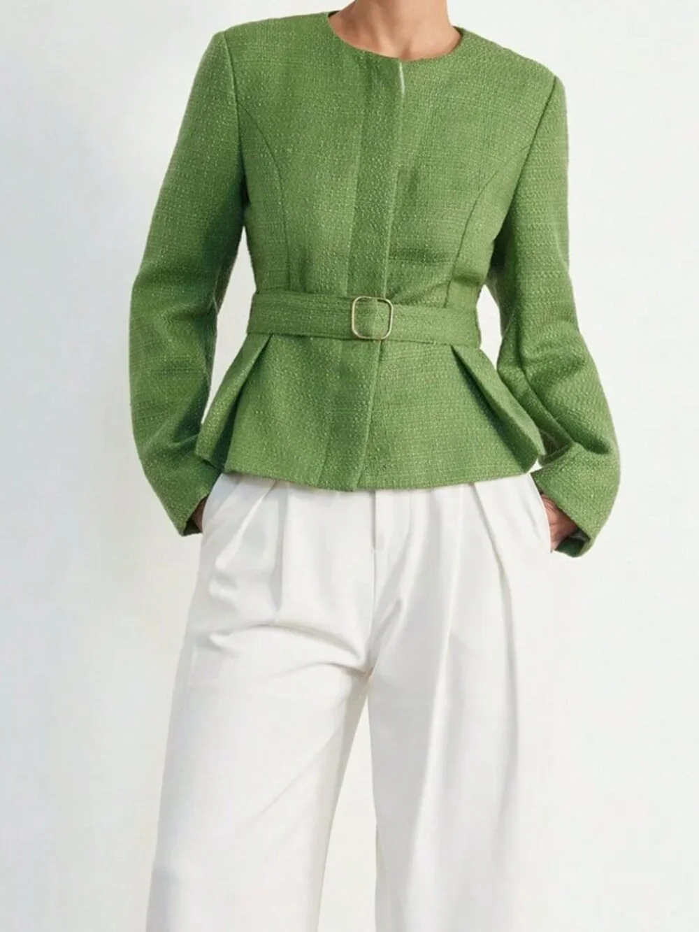 Green Elegant Women's Tweed Blend Round Neck Cinched Waist Casual Blazer Jacket